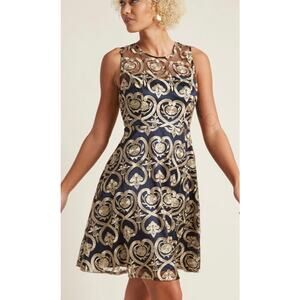Liza Luxe Navy Blue Gold Brocade A-Line Dress Sleeveless Metallic Party